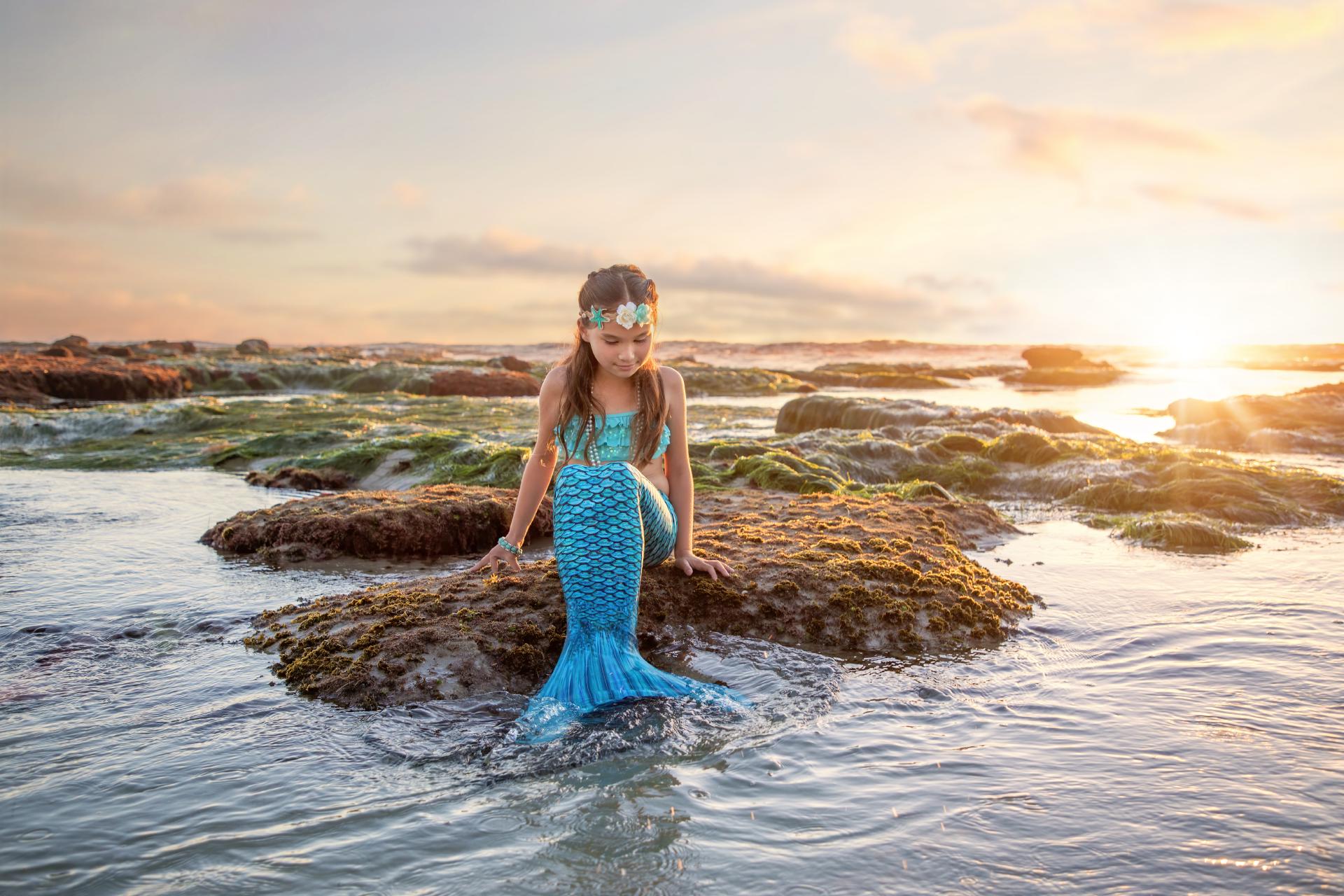 Mermaid sitting on a rock looking at the water